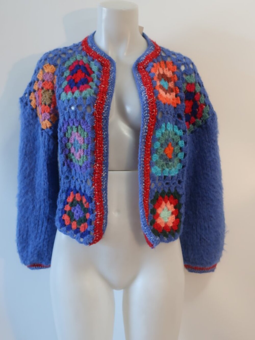NWT Bits And Pieces To Go (Item- 12) Patchwork Crochet Open Cardigan Sweater M